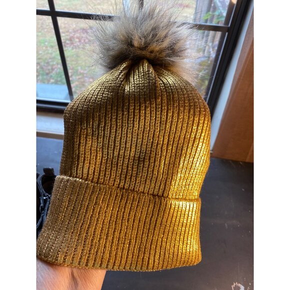 Gold Ribbed Beanie With Faux Fur Pom-Pom  Made From Recycled Materials  One Size - Picture 1 of 4